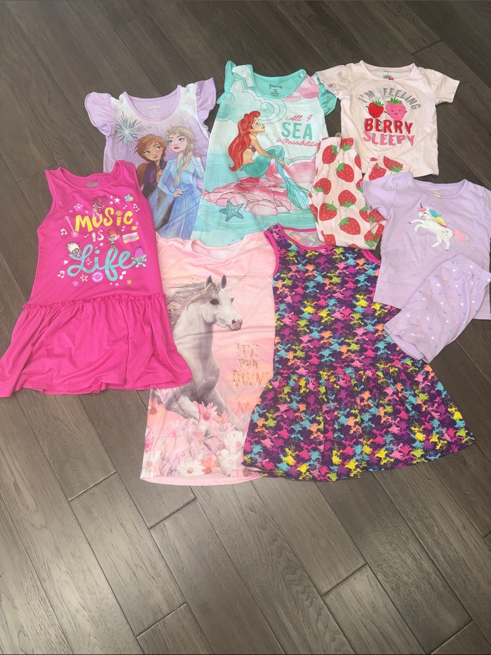Bundle of girls Disney Princess, trolls pajama dresses and Carter’s pants, short